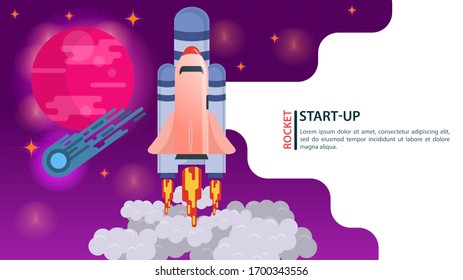banner, space Shuttle, rocket, takes off into space, fast startup, for web and mobile design sites, flat vector illustration