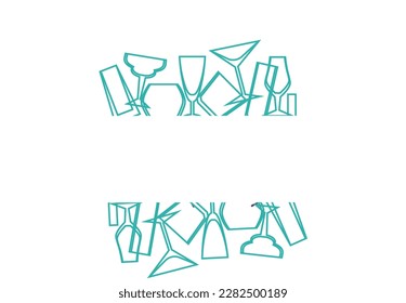 Banner with space for text with different line icons of glasses for alcoholic drinks. Banner for bar, menu.