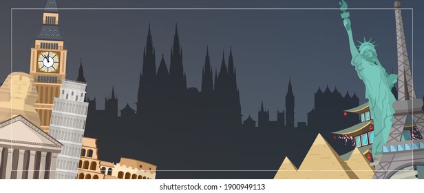 Banner with space for text. Landmarks of the world. Vector 