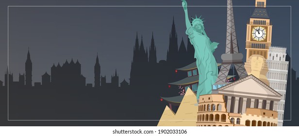 Cartel con espacio para texto. Lugares emblemáticos del mundo. Ilustración vectorial.