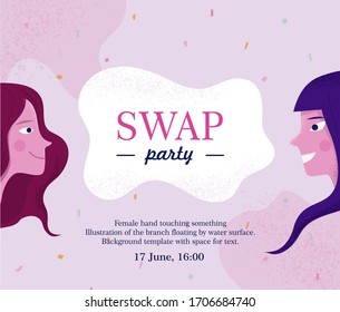Banner with space for text and portrait of two young women looking at each other and smiling. Side view face. Delicate pink color