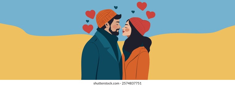 Banner with space for text Valentine's Day. A couple in love, a man and a woman, against the background of hearts. Bright vector illustration. For love sites, invitations, dating apps, posters, banner