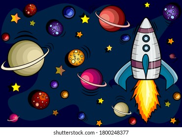 Banner, space theme. Galaxy drawings in cartoon style. Set of space illustrations: planes, stars, rocket. Vector
