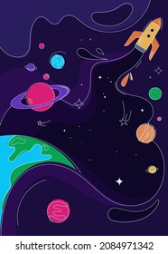 Banner with spaceship in outer space. Placard design in doodle style.