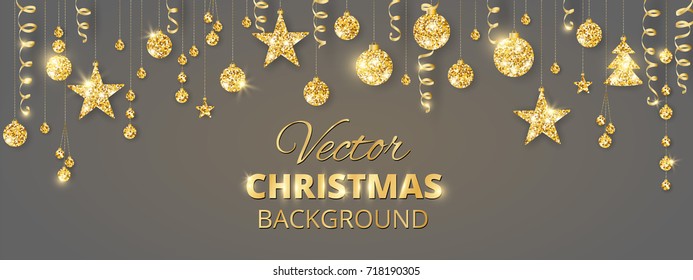 Banner with sparkling Christmas glitter ornaments. Golden fiesta border. Festive garland with hanging balls and ribbons. Great for Christmas and New year party posters, cards, website headers.