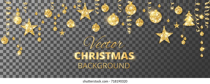 Banner with sparkling Christmas glitter ornaments isolated on transparent background. Golden fiesta border. Festive garland with hanging balls and ribbons. Great for New year party posters, headers.