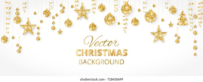 Banner with sparkling Christmas glitter ornaments isolated on white. Golden fiesta border. Festive garland with hanging balls and ribbons. Great for New year party posters, cards, website headers.