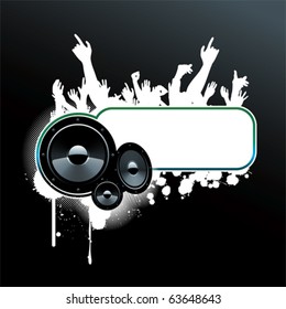 A banner with speakers, drops and hands.