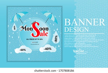 banner special monsoon sale background blue abstract art for marketing shopping online and social media cover concept