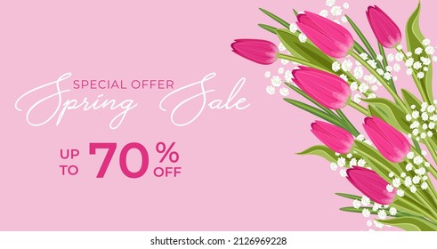 Oferta especial de banner hasta 70% de descuento, venta Primavera. Ramo de flores con tulipanes rosados y gitsophila blanca de fondo rosado.