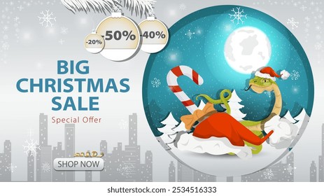 Banner special offer big Christmas sale, Snake next to Santas hat on the background of the night sky