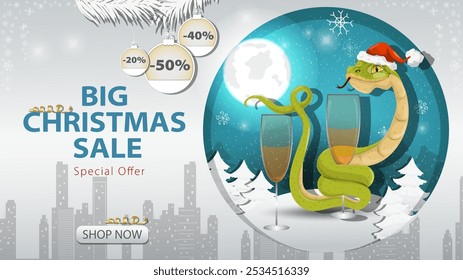 Banner special offer big Christmas sale, A snake in a Santa hat wraps around a glass with a drink on the background of the night sky