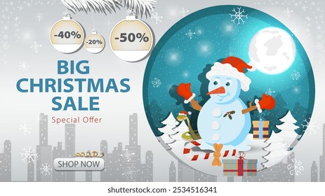 Banner special offer big Christmas sale, A snowman in a Santa Claus hat next to gifts on the background of the night sky