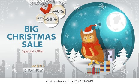 Banner special offer big Christmas sale, An owl in a Santa Claus hat next to gifts on the background of the night sky