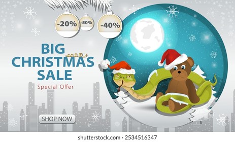 Banner special offer big Christmas sale, A snake in a Santa hat wraps around a bear toy against the night sky