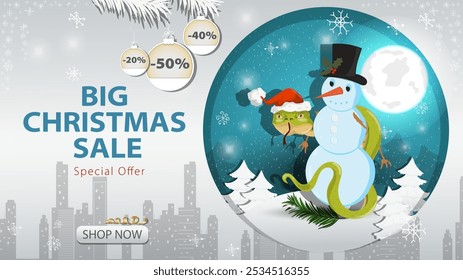 Banner special offer big Christmas sale, A snake in a Santa hat wraps around a snowman against the night sky