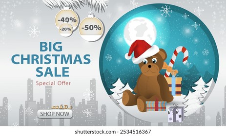 Banner special offer big Christmas sale, A bear toy in a Santa Claus hat next to gifts on the background of the night sky