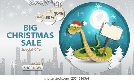 Banner special offer big Christmas sale, A snake in a Santa hat holding a wooden sign against the night sky