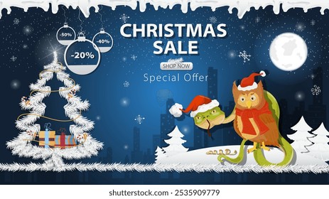 Banner special offer Christmas sale, Snake and Owl in Santa Claus hats with a festive fir tree in the snow