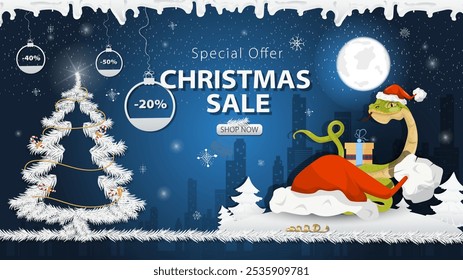 Banner special offer Christmas sale, Snake behind Santas big hat next to a festive fir tree in the snow