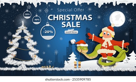 Banner special offer Christmas sale, A snake Wraps around a girl on skates next to a festive fir tree in the snow