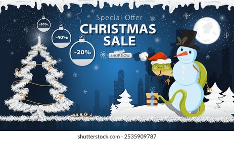 Banner special offer Christmas sale, A snake in a Santa hat Wraps around a snowman next to a festive fir tree in the snow