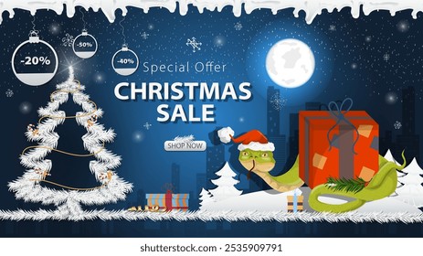 Banner special offer Christmas sale, A snake in a Santa hat Wraps around a gift box with a festive fir tree in the snow