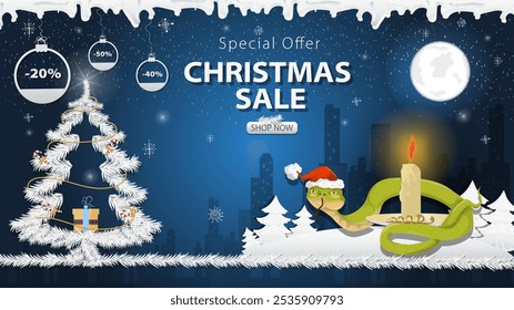 Banner special offer Christmas sale, A snake in a Santa hat next to a glass ball next to a festive fir tree in the snow