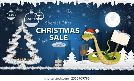 Banner special offer Christmas sale, A snake in a Santa hat holding a wooden sign next to a festive fir tree in the snow