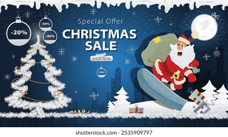 Banner special offer Christmas sale, Santa Claus with a bag of gifts next to a festive fir tree in the snow