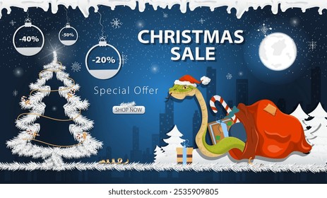 Banner special offer Christmas sale, A snake in a Santa hat crawls out of a bag of gifts next to a festive fir tree in the snow