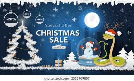 Banner special offer Christmas sale, A snake in a Santa hat next to a glass ball next to a festive fir tree in the snow