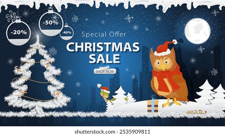 Banner special offer Christmas sale, An owl in a Santa Claus hat next to a festive fir tree in the snow