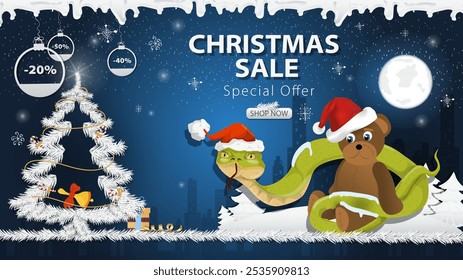 Banner special offer Christmas sale, A snake in a Santa hat Wraps around a bear toy next to a festive fir tree in the snow