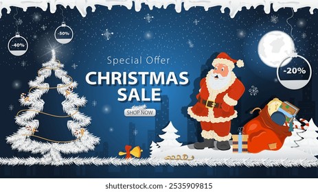 Banner special offer Christmas sale, Santa Claus with a large bag of gifts next to a festive fir tree in the snow
