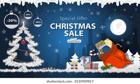 Banner special offer Christmas sale, a large bag of Santa Claus gifts next to a festive fir tree in the snow
