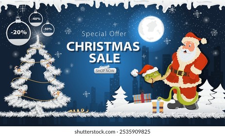 Banner special offer Christmas sale, A snake in a Santa hat next to a glass ball next to a festive fir tree in the snow