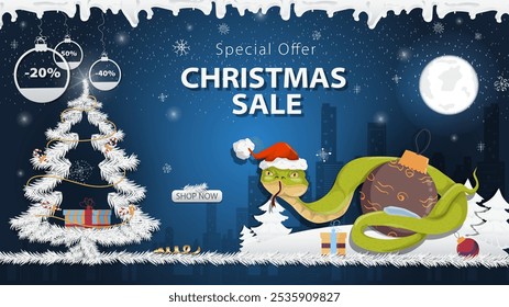 Banner special offer Christmas sale, A snake in a Santa hat Wraps around a Christmas tree ball next to a festive fir tree in the snow