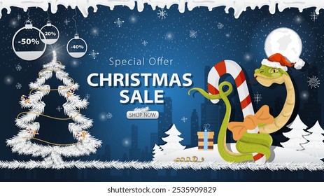 Banner special offer Christmas sale, A snake in a Santa hat Wraps around a festive candy next to a festive fir tree in the snow