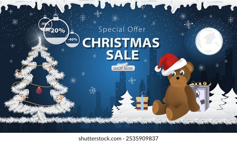 Banner special offer Christmas sale, a bear toy in a Santa Claus hat next to a festive fir tree in the snow