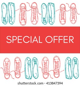 Banner with SPECIAL OFFER sign on pink  template decorated with hand drawn sport shoes, sneakers. Vector stock illustration for shoe shop. 