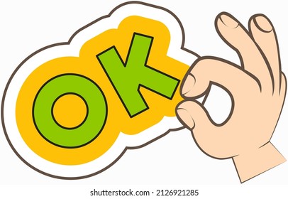 Banner, speech bubble, poster and sticker concept, Hand gesture with text OK. Success icon message Ok with cloud talk for web design. Symbol of correct sign, approved, word for agreement sticker