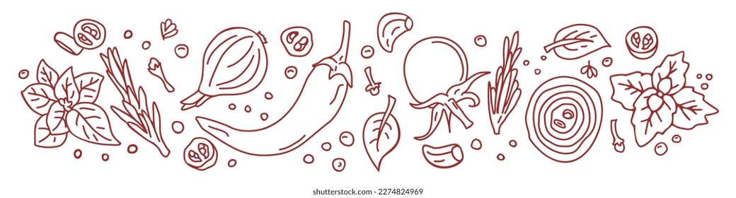 
Banner. Spices and vegetables background. Vector background with handmade herbs. Sketch design.