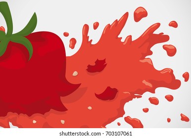 Banner with a splashed tomato with much juice and some seeds.