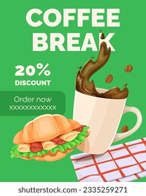 Banner with splashing white cup of coffee and croissant.