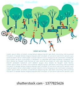 Banner with sport activities ( running, roller skates, yoga, badminton, bike) with the inscription. Vector modern poster in flat style. Healthy lifestyle.