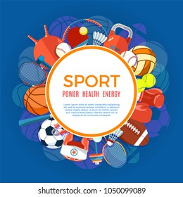 Banner of sport balls and gaming equipment. Poster with text Sport for banner, sticker, web. Healthy lifestyle tools, elements. Vector Illustration.