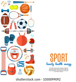 Banner of sport balls and gaming equipment. Background for promotional posters, advertising flyers, brochure or booklet, discount banners, sale. Healthy lifestyle tools. Vector Illustration.