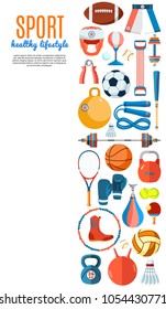 Banner of sport balls and gaming equipment. Background for promotional posters, advertising flyers, brochure or booklet, discount banners, sale. Healthy lifestyle tools. Vector Illustration.