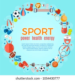 Banner of sport balls and gaming equipment. Background for promotional posters, advertising flyers, brochure or booklet, discount banners, sale. Healthy lifestyle tools. Vector Illustration.